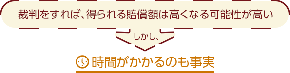 裁判をすれば、得られる賠償額は高くなる可能性が高いが、時間が掛かるのも